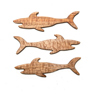 Three wooden shark-shaped push pull sticks on a white background