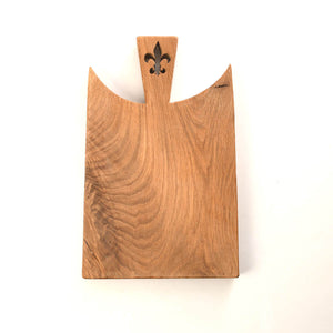 oak cutting board with handle, fleur de lis cut out of handle