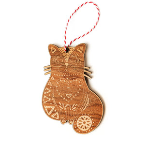 cat shaped wooden holiday ornament