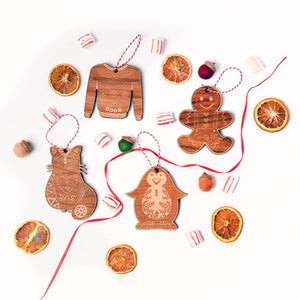 wooden holiday ornaments, sweater, gingerbread, cat, penguin shapes