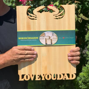 Crab cutting board, crab on top and name on bottom