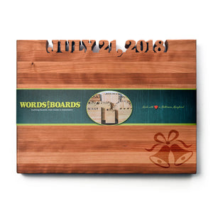 cutting board with wedding date cut out of the top - wedding bells laser engraved on cherry wood