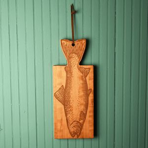 fish shaped board, cherry wood, hanging from wall