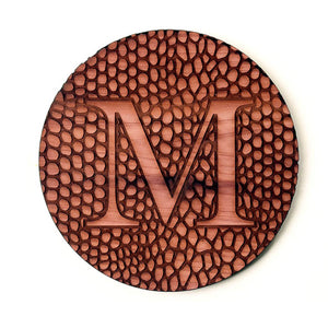 Cedar coaster, personalized with letter M and snake pattern