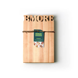 Mini cutting board - wood with the word BMORE cut out of thop- bottle opener