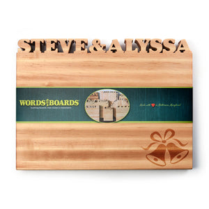 personalized cutting board is a great wedding gift, laser engraved wedding bells on maple wood