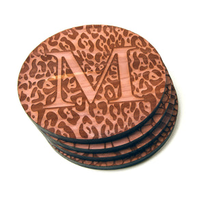 stack of 4 personalized coasters, Letter M over animal print on cedar wood