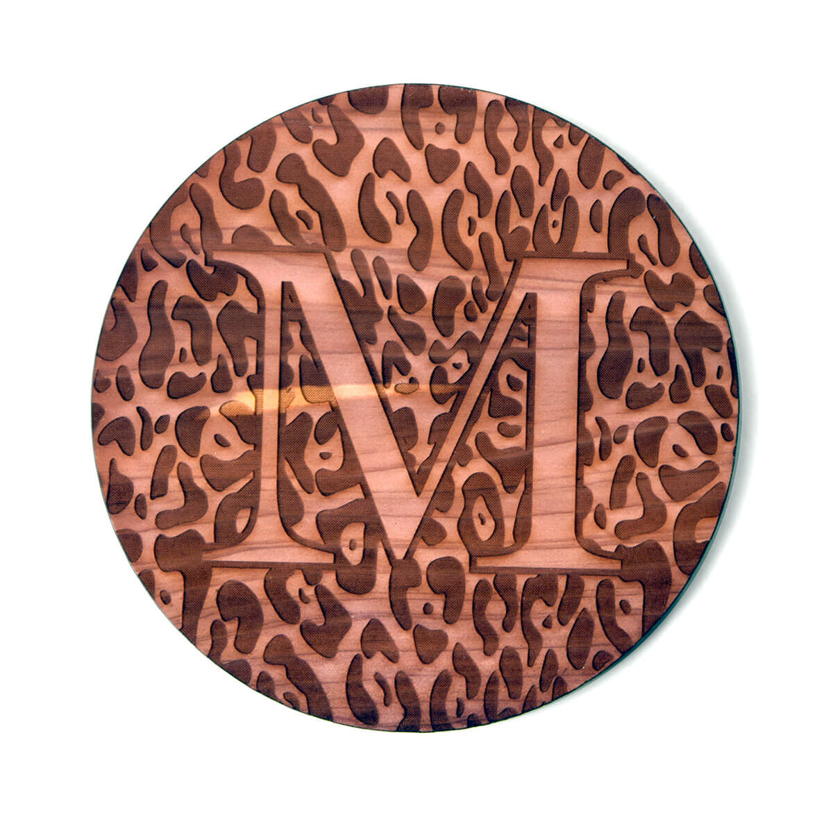 Personalized coaster set, single initial letter S over animal print, cedar wood