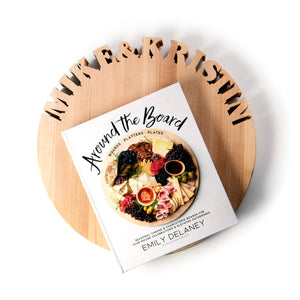 Custom round cutting board, Around the Board book on top