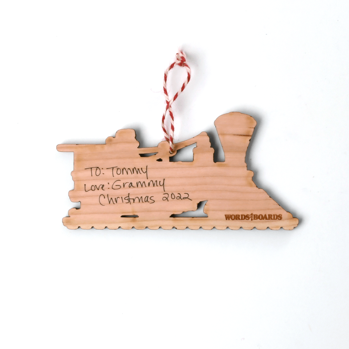 Train ornament in 2 woods, maple, cherry and walnut