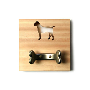 Wooden leash holder - boxer shape cut out - metal bone hook