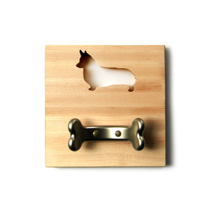 Wooden leash holder - CORGI shape cut out - metal bone hook