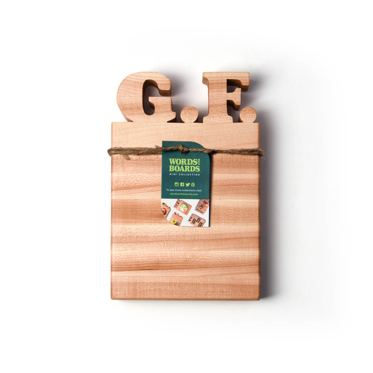 mini cutting board, G.F. initials for gluten free
