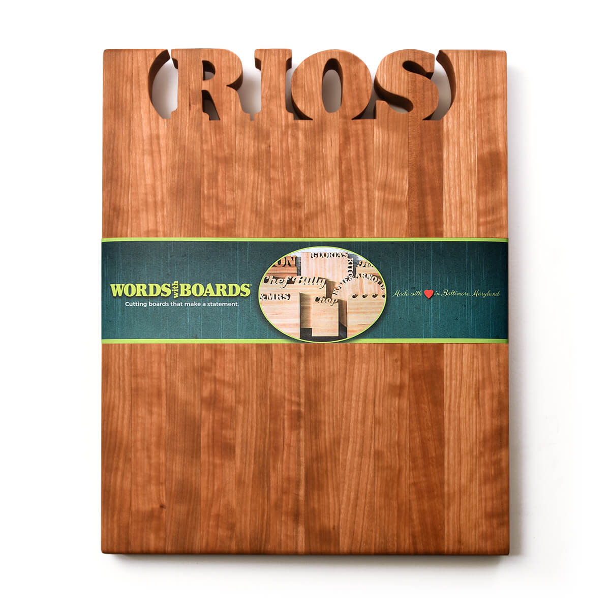 large personalized wooden cutting board, names carved out