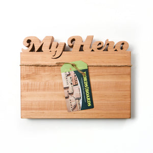 small maple cutting board, the words My Hero carved out on top