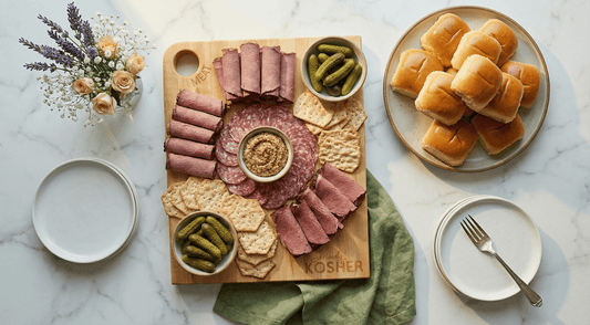 Maple cutting board laser engraved Seriously Kosher and Milk shown with meats, crackers, pickles and bread on marble counter