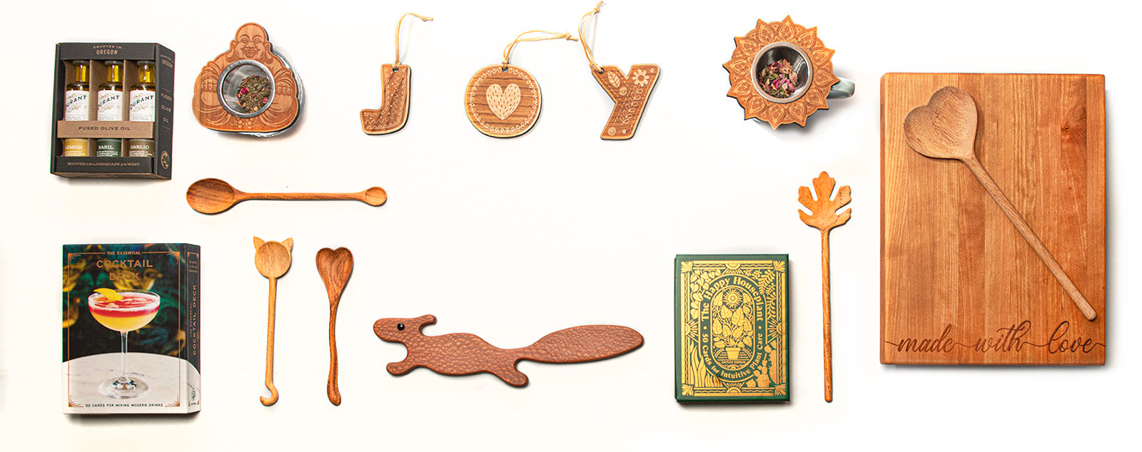 New products pictured - tea strainers, olive oil gift set, ornaments, books, heart spoon