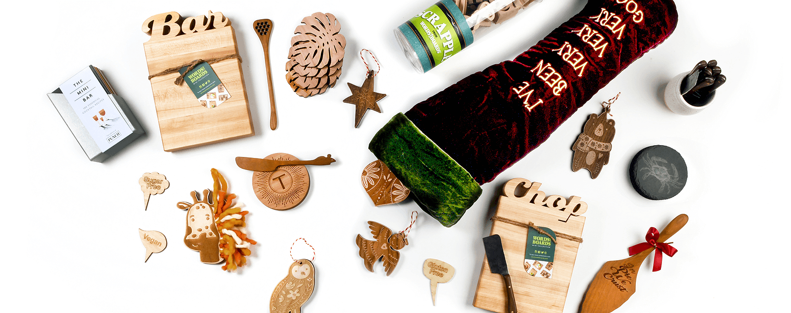 Stocking stuffers, mini cutting boards, ornaments, coasters, cheese knife