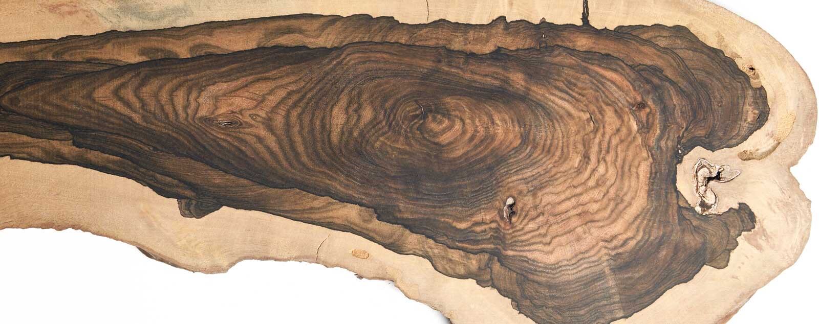 A piece of wood that has a wood grain pattern that looks like a one eyed creature with an open mouth