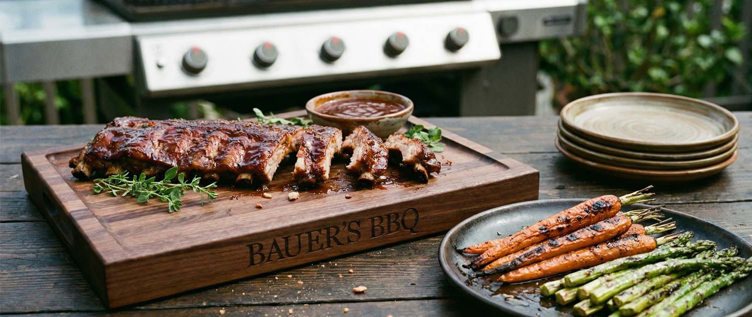 fathers day gift guide, personalized wood meat carving board, outdoor setting with BBQ ribs and roasted vegetables