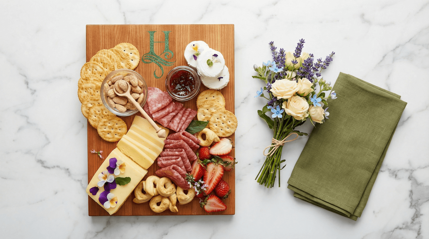 cherry wood serving board with the initial H inlaid with malachite, shown with a cheese and charcuterie spread on marble counter