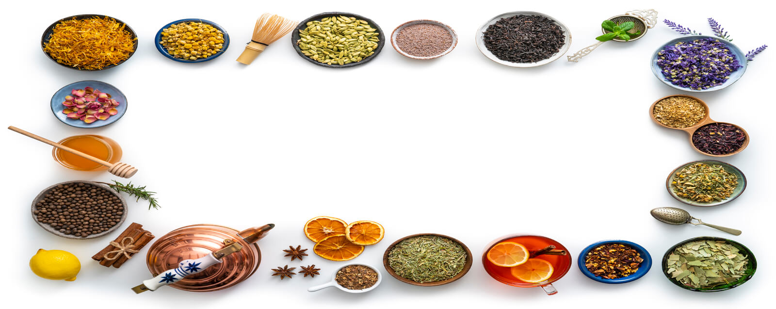 loose tea in bowls, dried fruit and herbs arranged in a rectangle
