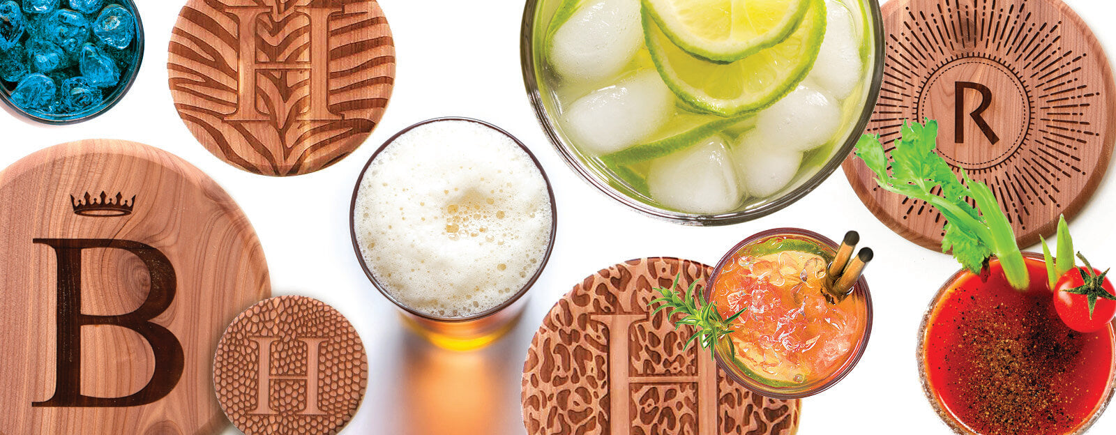 Wood coaster and drink on white background
