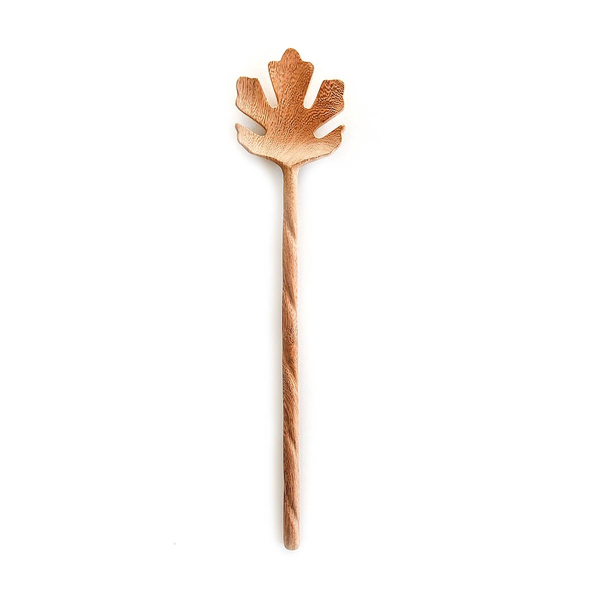 Wooden spoon with leaf-shaped handle on a white background