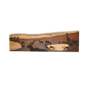 African animals drinking in pond laser engraved on wood