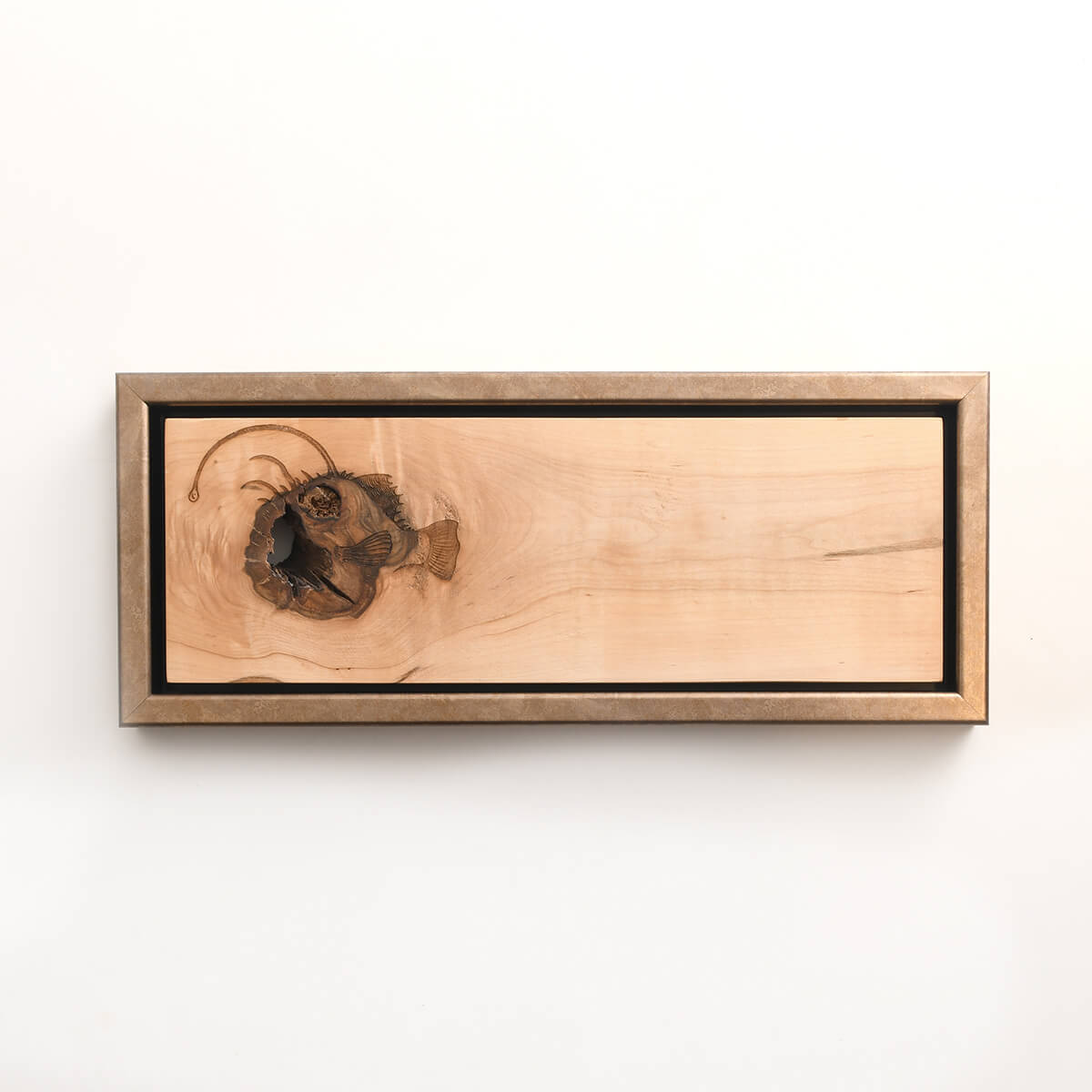 angler fish engraved on wood, framed sea animal art