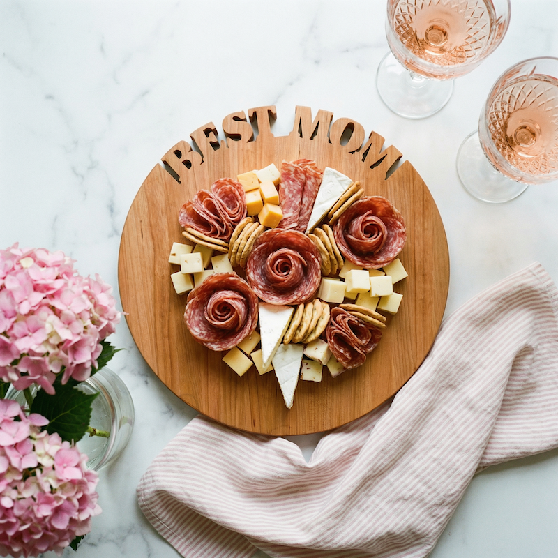 Wooden charcuterie board with floral arrangements of meat and cheese, placed on a marble surface with pink flowers and glasses.