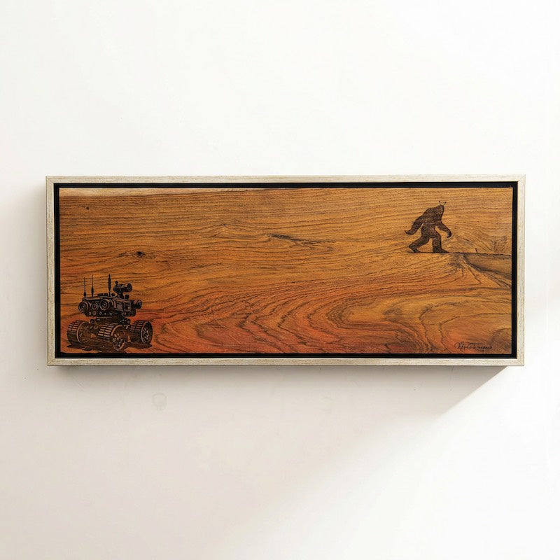 Wooden plaque with engraved images of a big foot and a vehicle framed on a white wall.