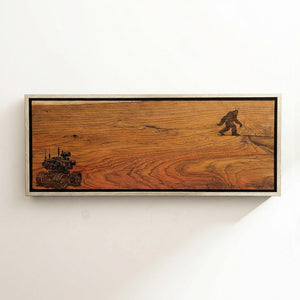 Wooden plaque with engraved images of a big foot and a vehicle framed on a white wall.