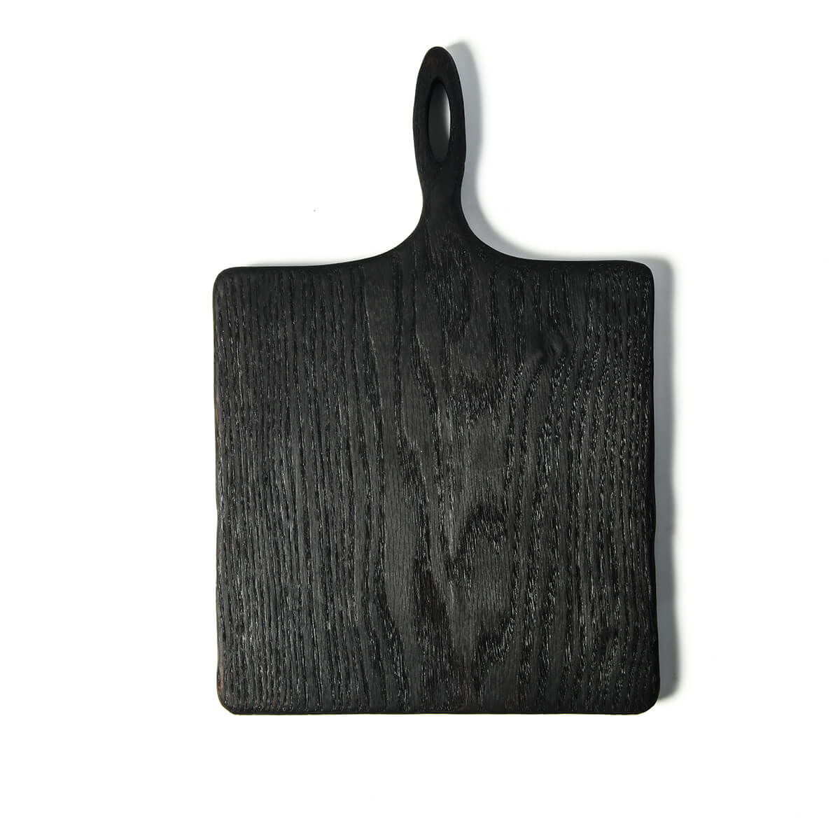 black cutting board in square shape with handle, black and orange cheese board 