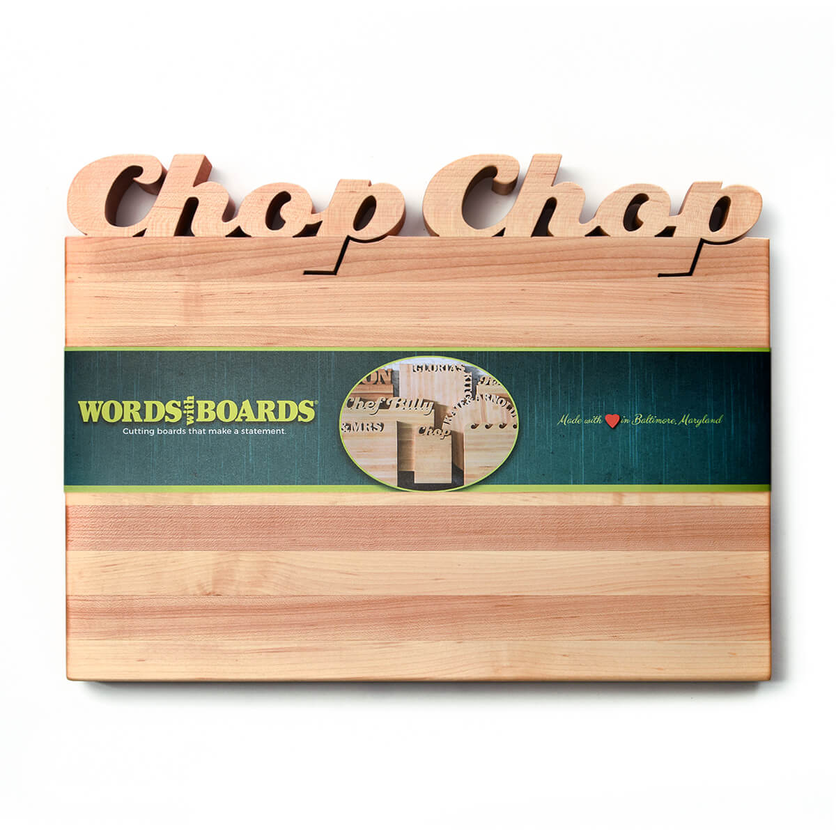 Cool cutting boards - has the words Chop Chop cut out on top, maple wood
