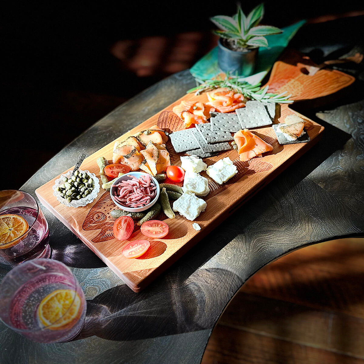 fish cutting board, cherry wood, trout laser engrave on wood