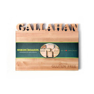 maple board with last name cut out of top and the words 'Seriously Gluten Free' engraved on the lower left corner