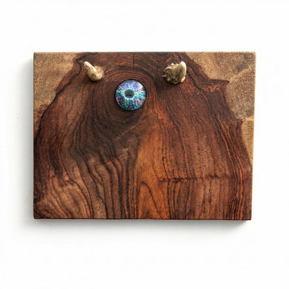 walnut wood art with glass eye and 2 small horns that looks like made up creature, on white background