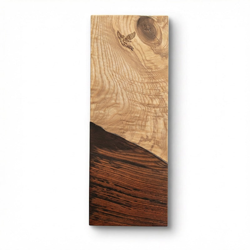 vertical cocobolo and curly maple wood with icarus laser engraved, on white background