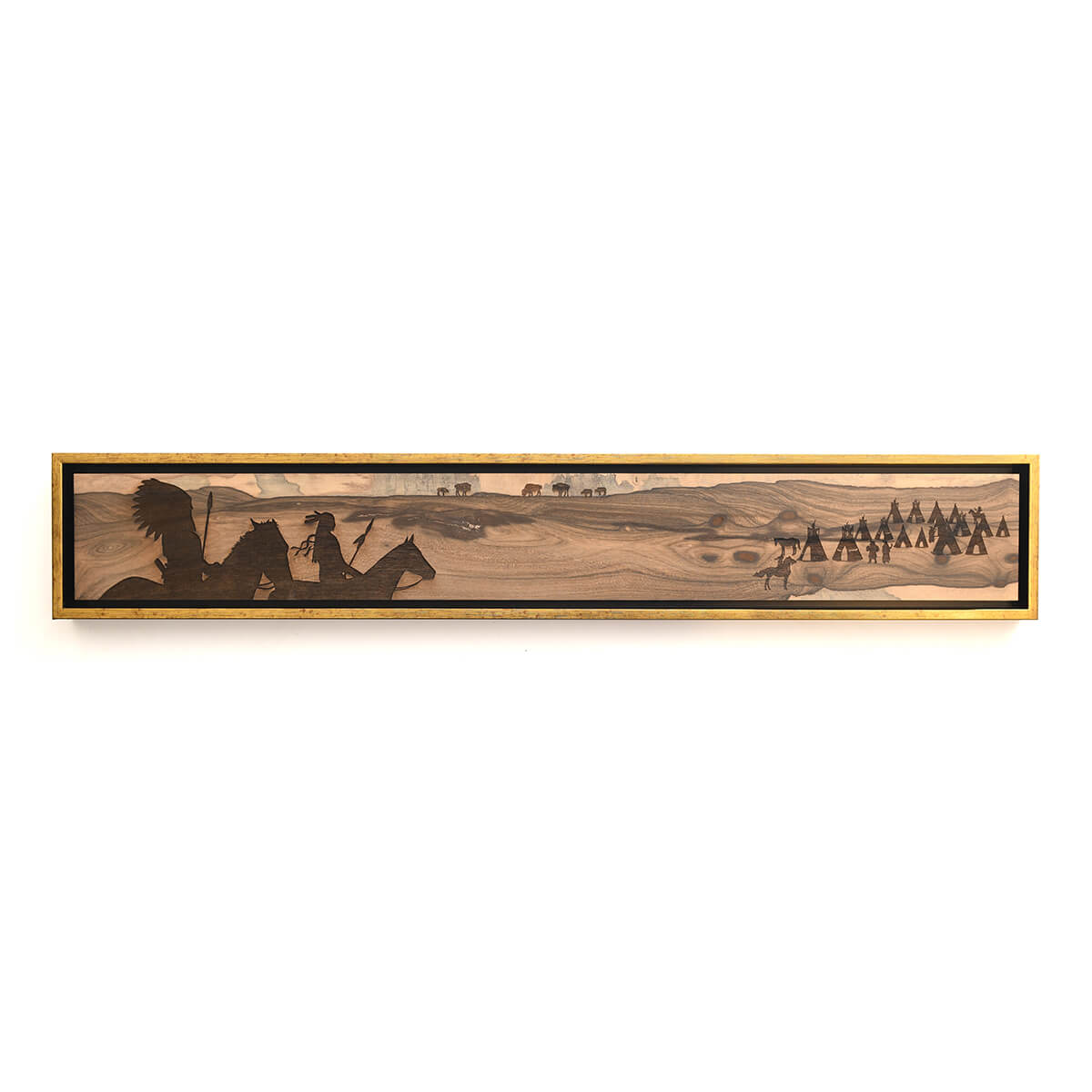 landscape art, native american village scene engraved on wood