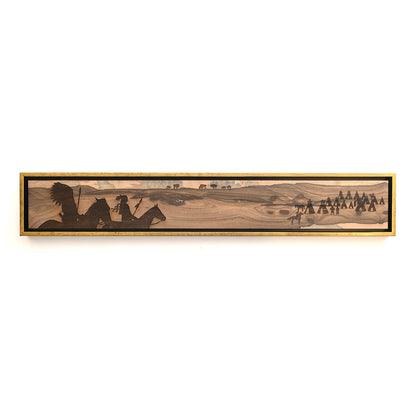 landscape art, native american village scene engraved on wood