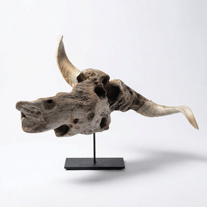 wood piece that naturally looks like a steer with 2 ram horns attached, on a black metal base, white background