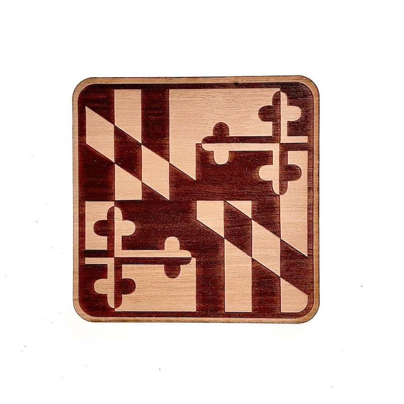 partial flag of Maryand laser engraved on square wood coaster