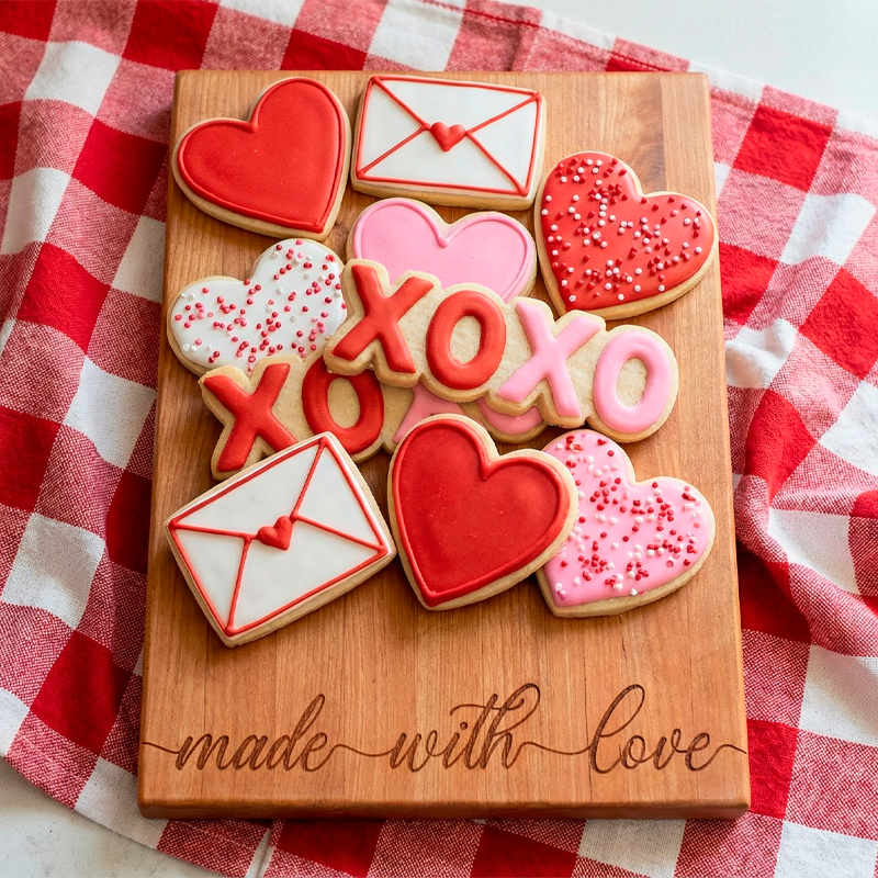 Valentine's Day cookies on a wooden board with the words 'made with love' with a checkered cloth background