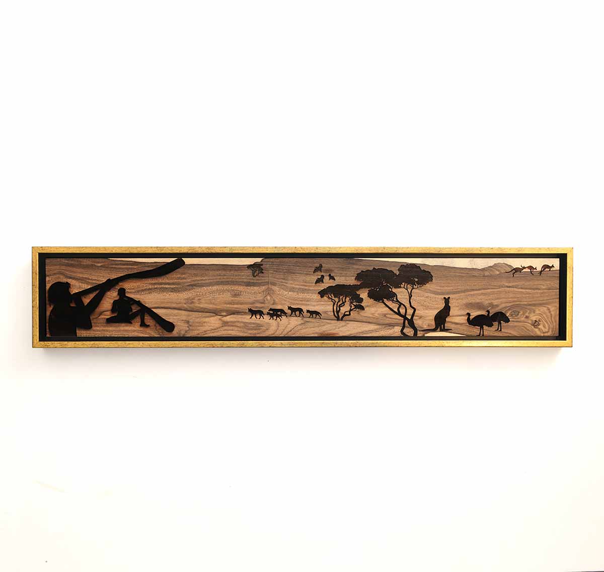 landscape art, outback scene engraved on wood and framed