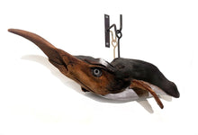 Decorative wall-mounted sculpted wooden swimming penguin on a white background