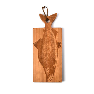 fish shaped wood serving board, salmon laser engraved on cherry