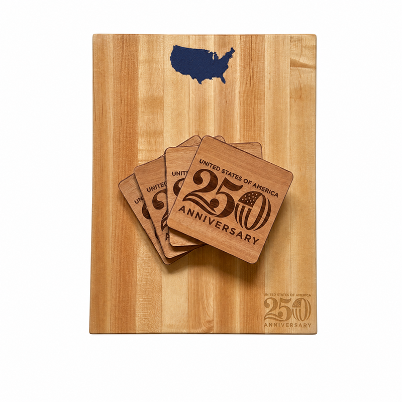 Wooden cutting board and 4 coasters with 'United States of America 250th Anniversary' design on a white background