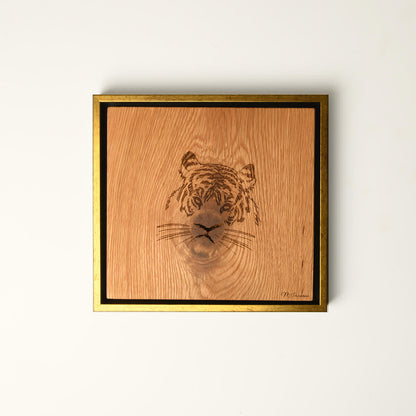 wood art framed and laser engraved to look like a tiger, white background