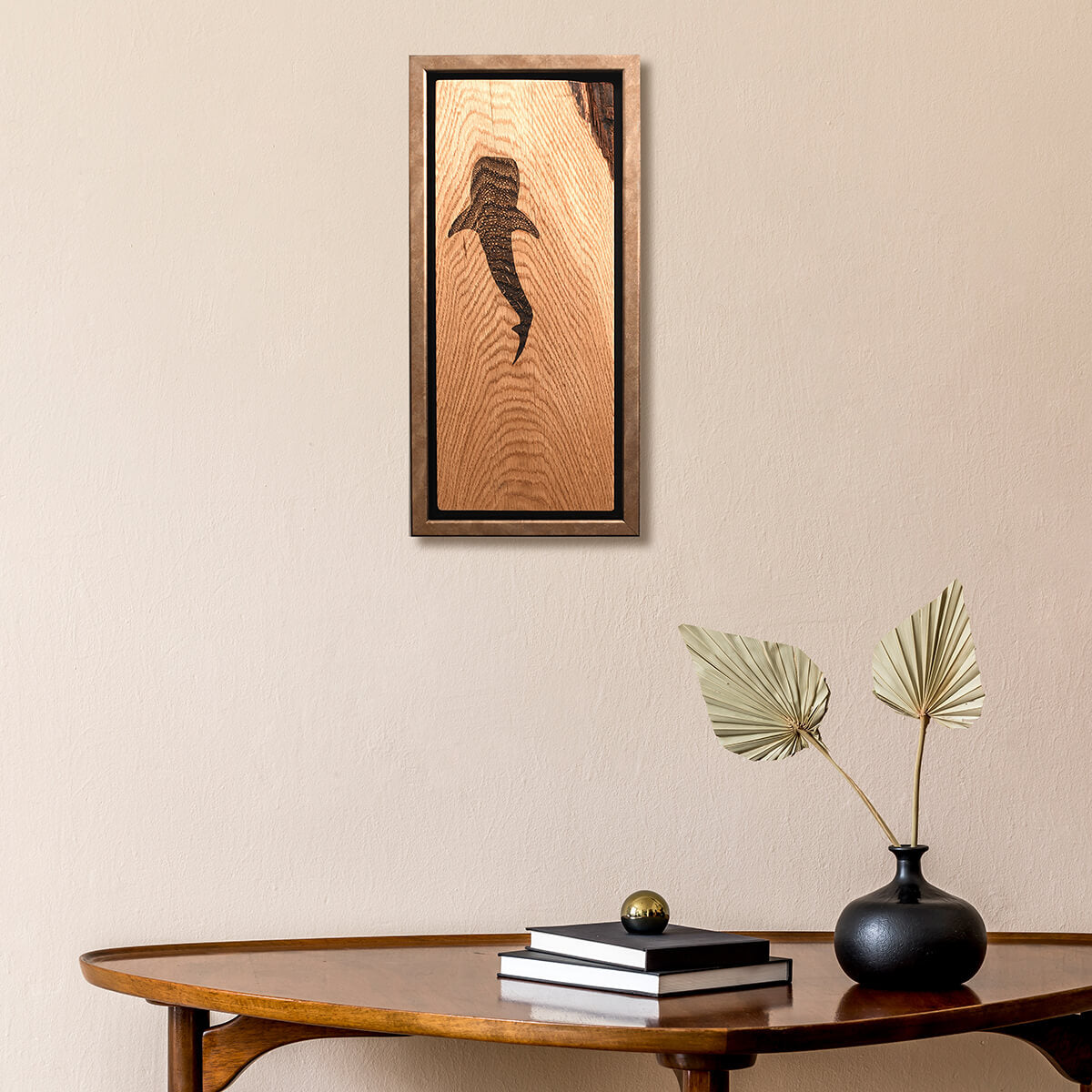 whale framed wall art, oak wood